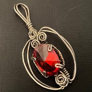 Red Faceted Faux Gem Handmade Pendant Wire Wrapped in Silver Tone Metal